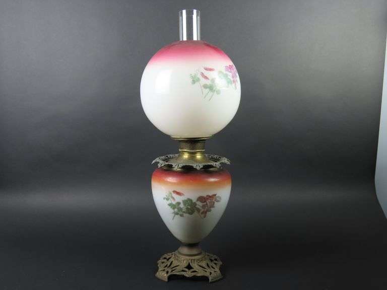 Tall Antique Oil Lamp with Globe & Chimney