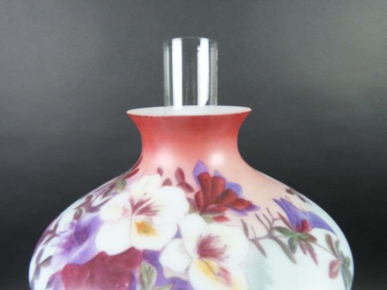Beautiful Handpainted Antique Oil Lamp with Shade & Chimney