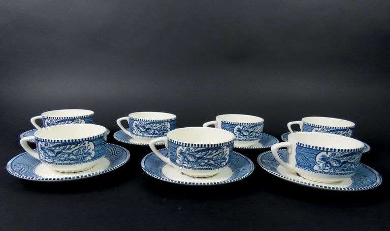 Lot of 7 "Currier & Ives Blue" Cups & Saucers by Royal (USA) - See Description
