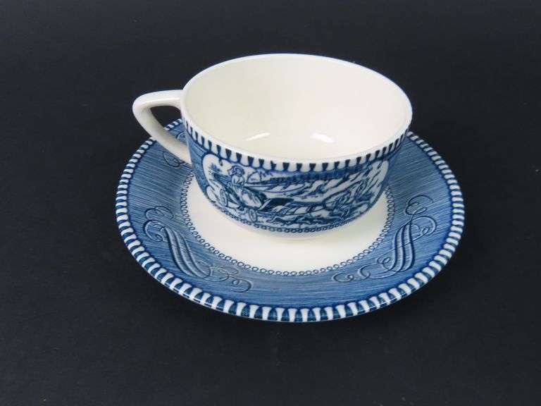 Lot of 7 "Currier & Ives Blue" Cups & Saucers by Royal (USA) - See Description