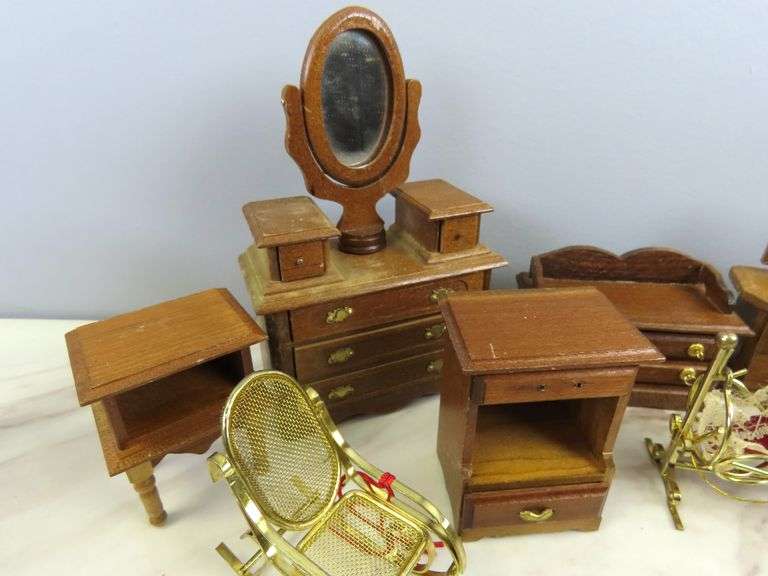 Collection of Wooden Doll House Furniture with Metal Bed & Chairs