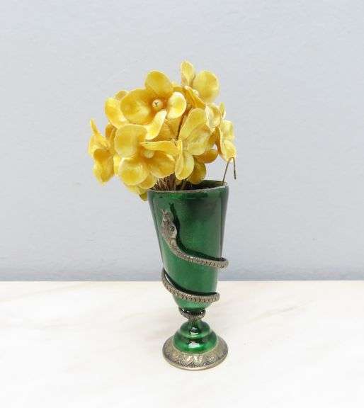 Tiny Enameled Snake Vase with Faux Flowers