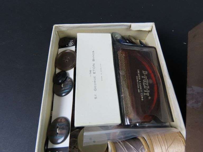 Box of Vintage Sewing Notions with Buttons