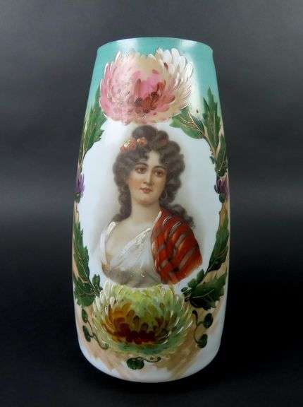 Stunning Victorian Bristol Glass Tall Handpainted Portrait Vase