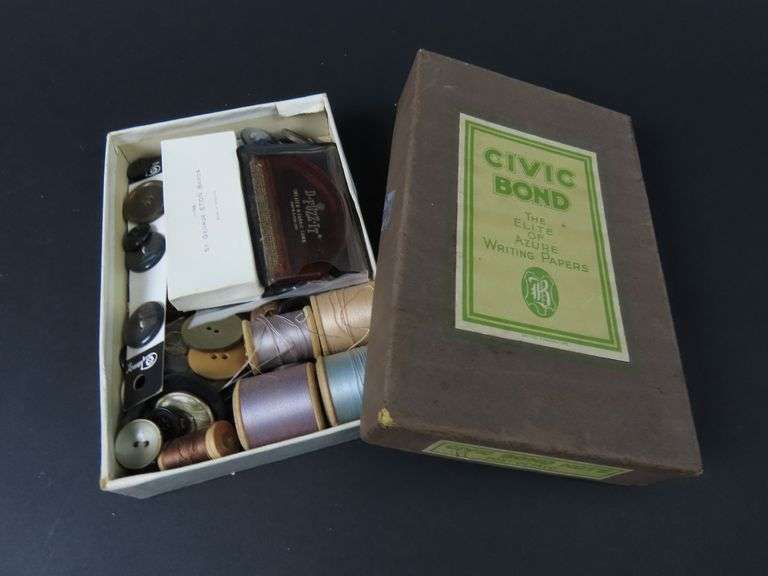 Box of Vintage Sewing Notions with Buttons