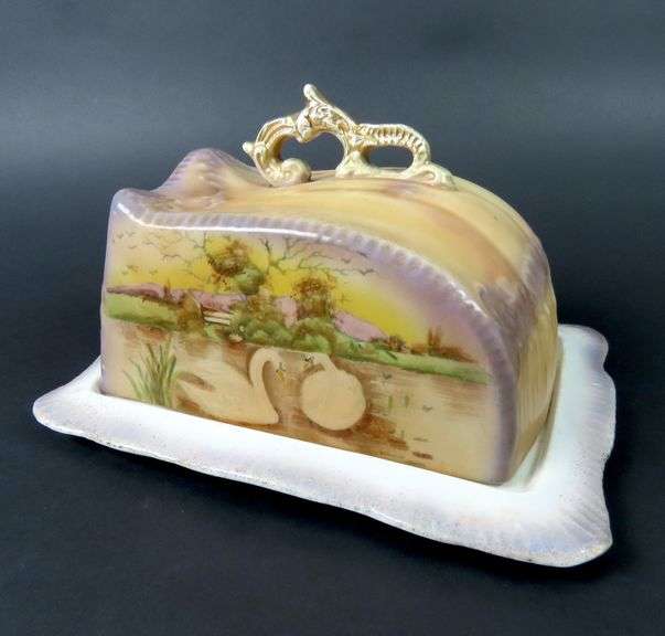 Large Antique Handpainted Lidded Cheese Dish