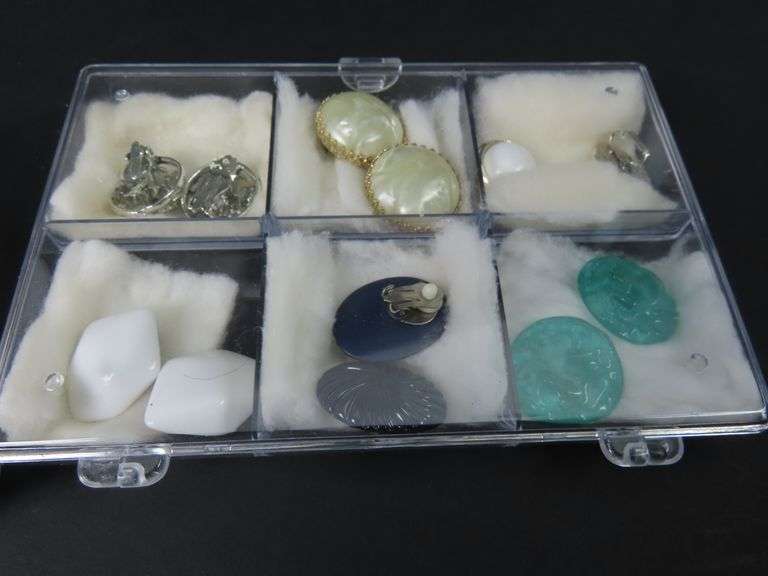 12 Pairs of Vintage Clip Earrings in Plastic Storage Cases