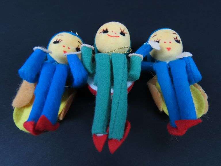 Trio of Vintage Felted Knee Hugger Ornaments - Made in Japan
