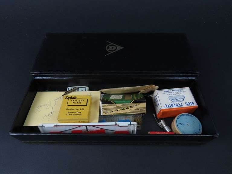 Box of Miscellaneous Pen Parts & Junk Drawer Items in Faux Leather Box
