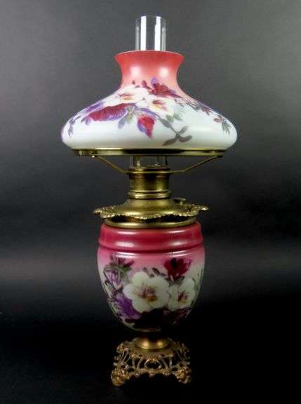 Beautiful Handpainted Antique Oil Lamp with Shade & Chimney