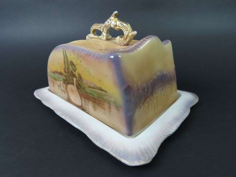 Large Antique Handpainted Lidded Cheese Dish