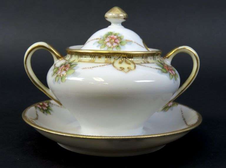 Vintage Handpainted Nippon Sugar Bowl on Attached Underplate - Made in Japan