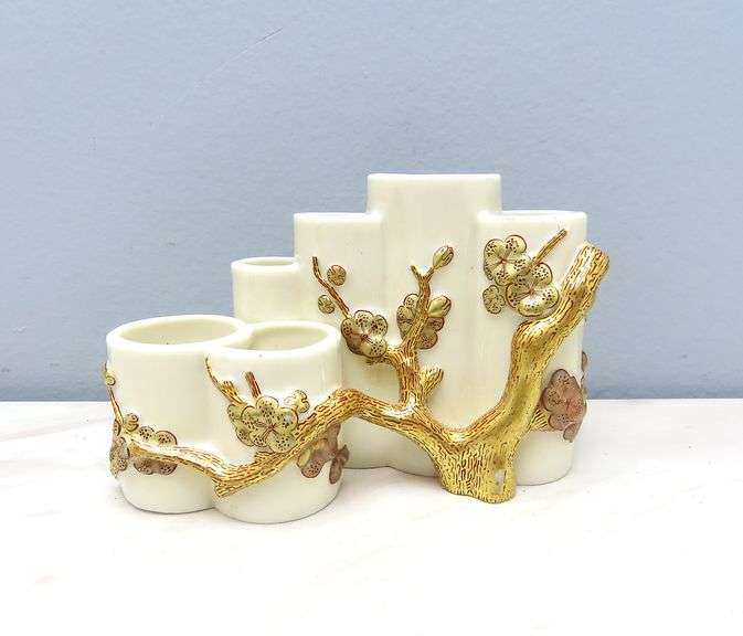 Vintage Worcester Factory Porcelain Bamboo Vase with Cherry Blossom