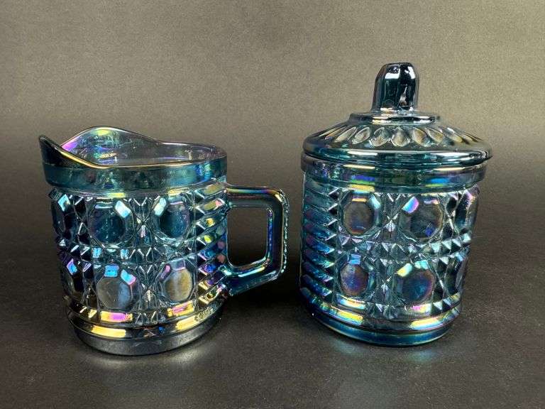 Vintage "Windsor Blue" Carnival Glass Cream & Lidded Sugar Dish by Indiana Glass