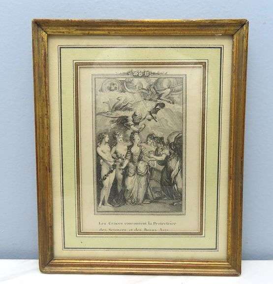 Framed Antique Engraving "Les Graces Couronnent la Protectrice des Sciences et des Beaux Arts"