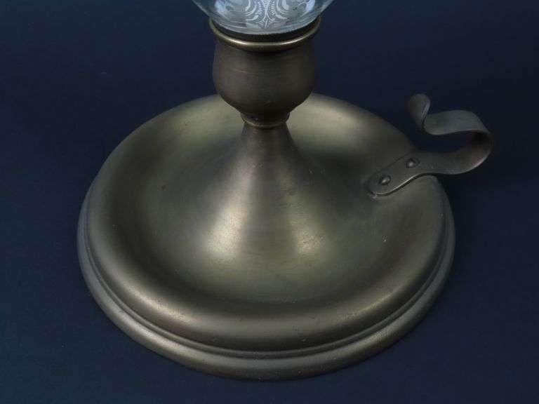 Tall Antique Brass Candlestick with Etched Glass Chimney #1