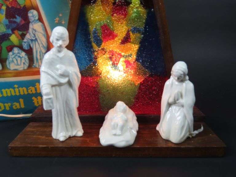 1964 Illuminated Cathedral Window Décor with Ceramic Nativity - Made in British Hong Kong