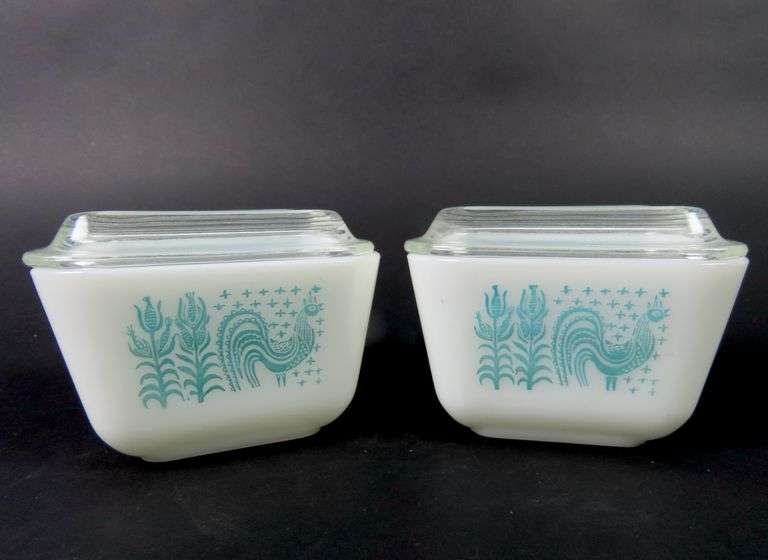 Lot of 2 Small Pyrex "Amish Butterprint Turquoise" Refrigerator Dishes