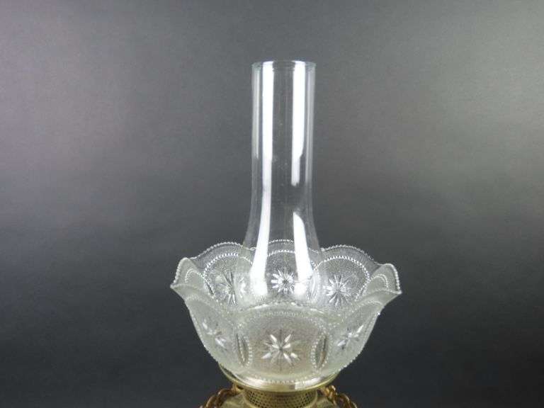 Tall 26.5" Banquet Gold Tone Oil Lamp with Shade & Chimney