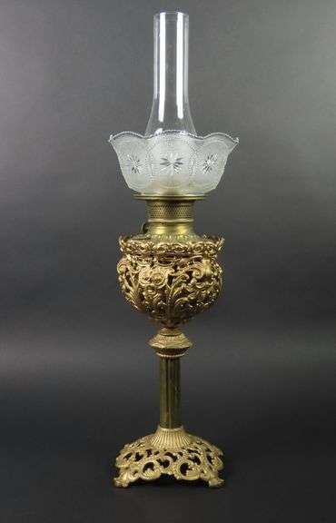 Tall 26.5" Banquet Gold Tone Oil Lamp with Shade & Chimney