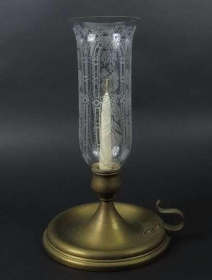Tall Antique Brass Candlestick with Etched Glass Chimney #2 - See Description