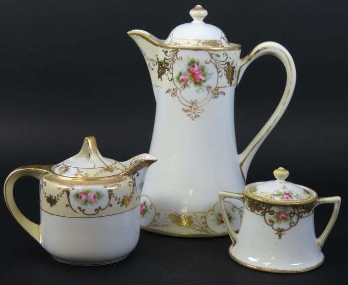 Vintage Handpainted Nippon Chocolate Pot with Lidded Sugar Bowl & Creamer - Made in Japan