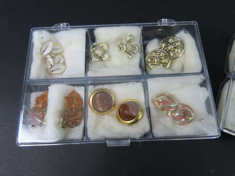 12 Pairs of Vintage Clip Earrings in Plastic Storage Cases