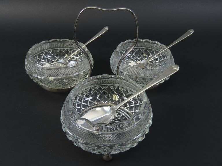 Vintage Silver Plated Triple Condiment Caddy with Spoons