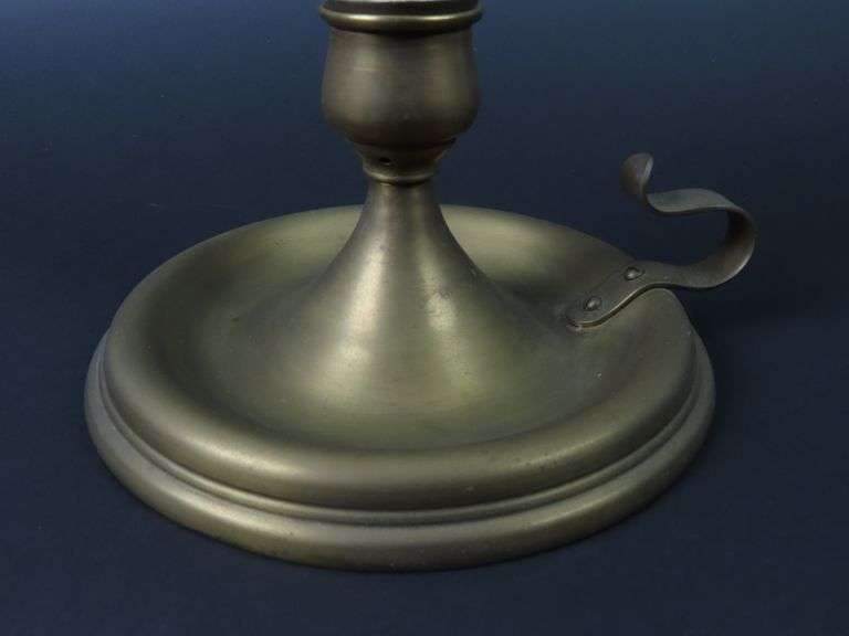 Tall Antique Brass Candlestick with Etched Glass Chimney #1