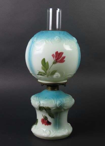 Antique Handpainted Oil Lamp with Globe & Chimney