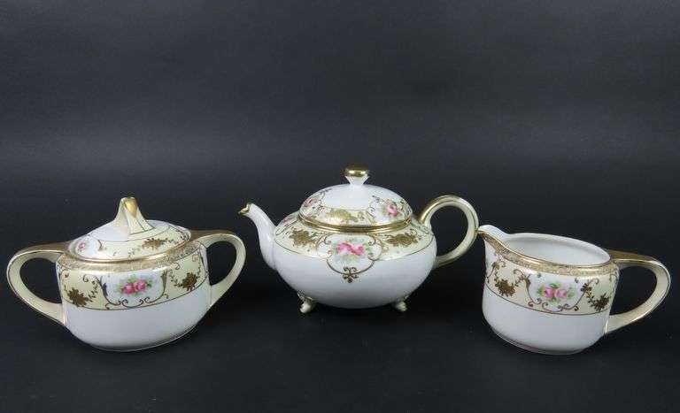 Handpainted Nippon Footed Teapot with Lidded Sugar & Creamer - Made in Japan