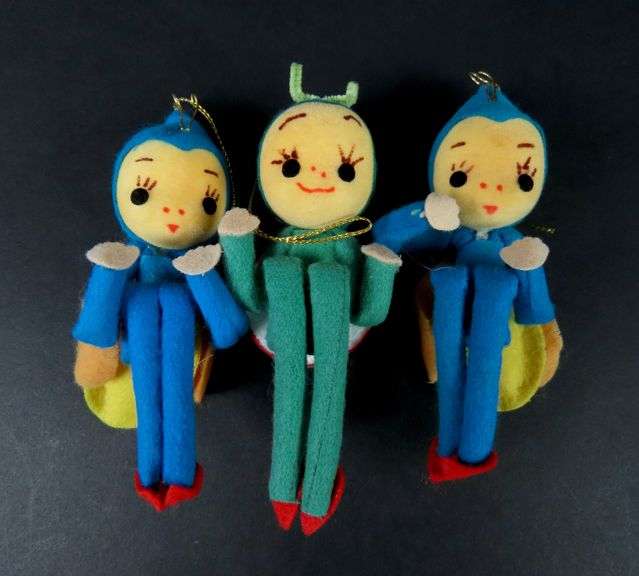 Trio of Vintage Felted Knee Hugger Ornaments - Made in Japan