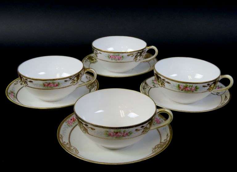 Lot of 4 Vintage Handpainted Nippon Teacups and Saucers - Made in Japan