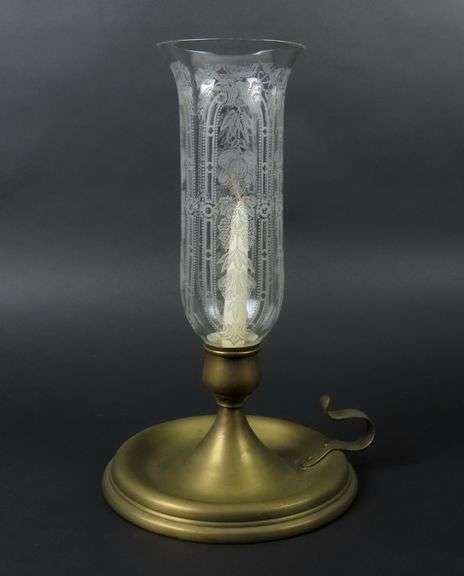 Tall Antique Brass Candlestick with Etched Glass Chimney #1