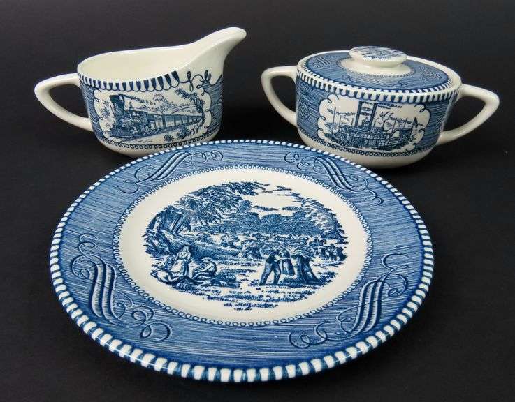 "Currier & Ives Blue" Creamer & Lidded Sugar with Single Bread Plate by Royal (USA)
