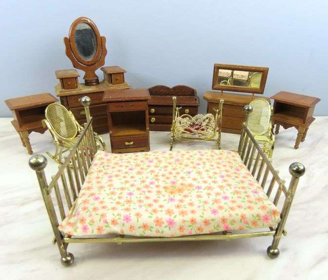Collection of Wooden Doll House Furniture with Metal Bed & Chairs