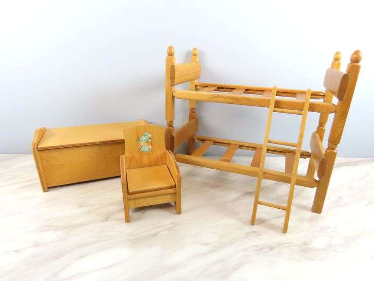 Vintage Strombecker Wooden Bunkbed, Chair & Chest