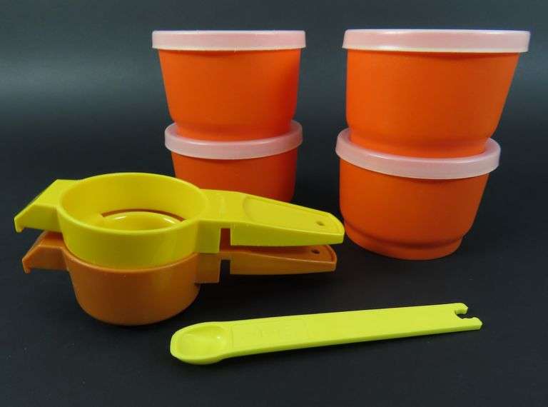 Lot of 7 Tupperware Lidded Ramekins with Egg Separator, Mini Strainer and 1/8 Teaspoon