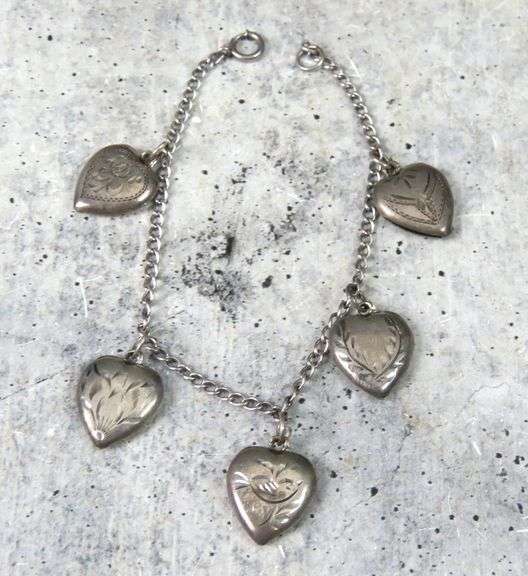 7" Sterling Silver Bracelet with Etched Heart Pendants - 8g