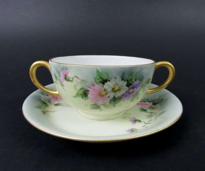 Antique Limoges Double Handled Tea Cup & Saucer