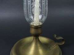 Tall Antique Brass Candlestick with Etched Glass Chimney #1