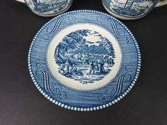 "Currier & Ives Blue" Creamer & Lidded Sugar with Single Bread Plate by Royal (USA)
