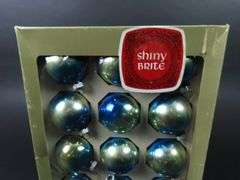 Box of Vintage Shiny Brite Glass Christmas Ornaments