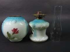 Antique Handpainted Oil Lamp with Globe & Chimney