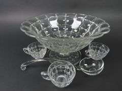 Vintage "Constellation Clear" Pedestal Punch Bowl with 3 Cups & Glass Ladle