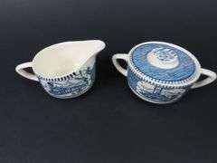 "Currier & Ives Blue" Creamer & Lidded Sugar with Single Bread Plate by Royal (USA)