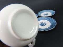 Lot of 7 "Currier & Ives Blue" Cups & Saucers by Royal (USA) - See Description