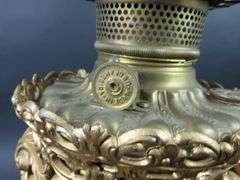 Tall 26.5" Banquet Gold Tone Oil Lamp with Shade & Chimney