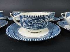 Lot of 7 "Currier & Ives Blue" Cups & Saucers by Royal (USA) - See Description