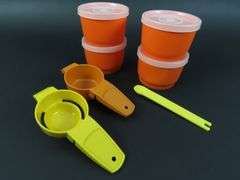 Lot of 7 Tupperware Lidded Ramekins with Egg Separator, Mini Strainer and 1/8 Teaspoon
